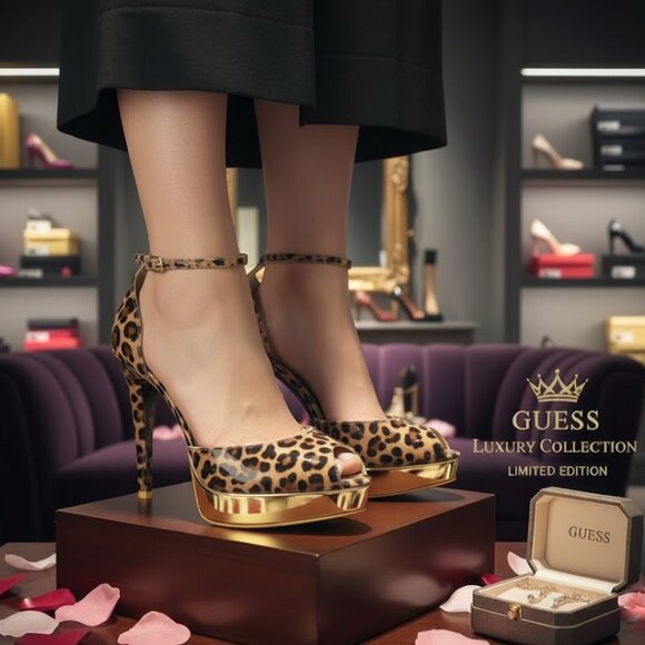 New Guess Danella Gold Mirror Heel Leopard Peep Toe Platform Heels Pumps 9 - Picture 1 of 6